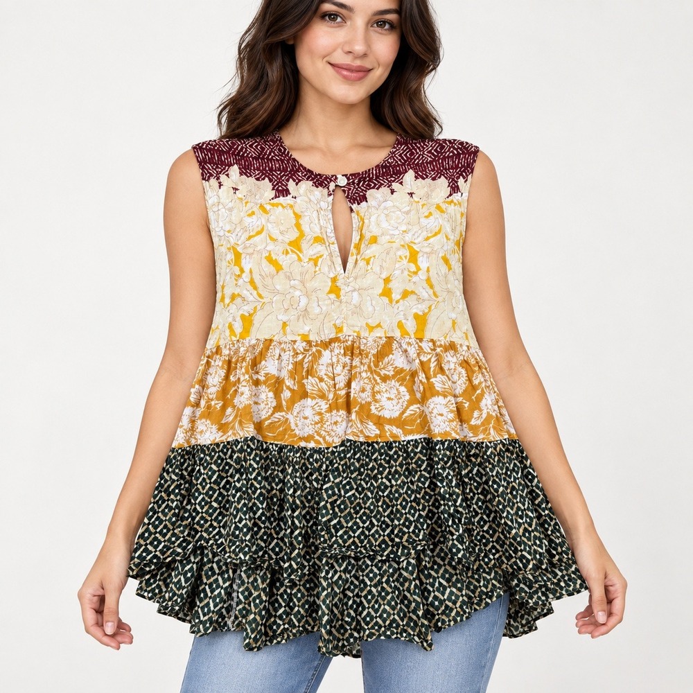 Free People Mixed Print Tiered Sleeveless Cotton Top Yellow Burgundy Green M